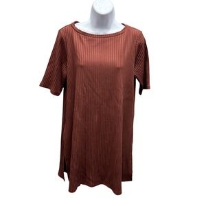 EILEEN FISHER Tunic Womens M Brown Boat Neck Tencel Stretch Ribbed Rustic NWT